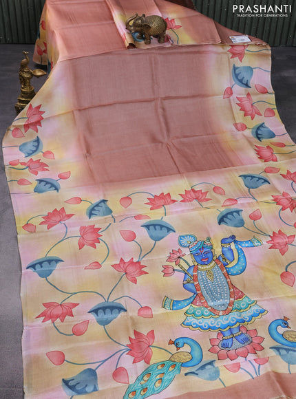 Pure tussar silk saree pastel brown and peach shade with plain body and pichwai hand painted pallu & border