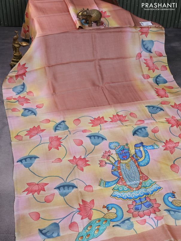 Pure tussar silk saree pastel brown and peach shade with plain body and pichwai hand painted pallu & border