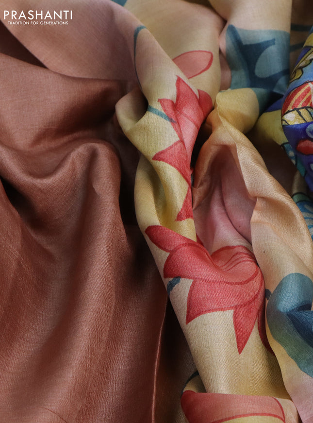 Pure tussar silk saree pastel brown and peach shade with plain body and pichwai hand painted pallu & border
