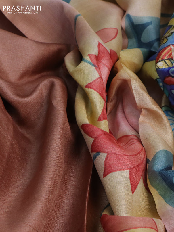 Pure tussar silk saree pastel brown and peach shade with plain body and pichwai hand painted pallu & border