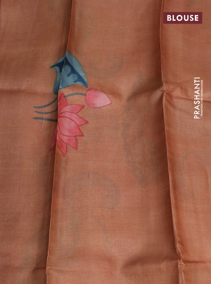 Pure tussar silk saree pastel brown and peach shade with plain body and pichwai hand painted pallu & border
