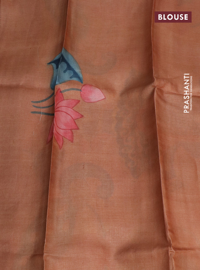 Pure tussar silk saree pastel brown and peach shade with plain body and pichwai hand painted pallu & border