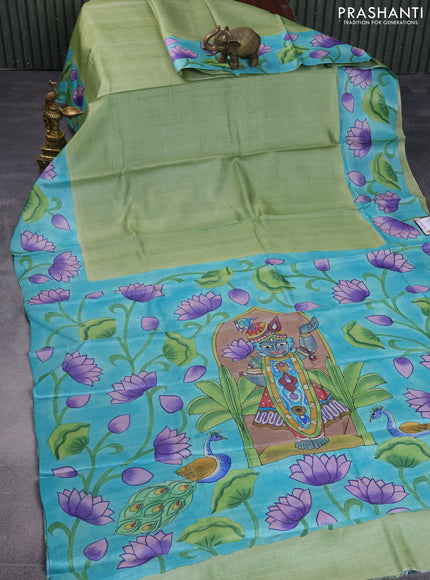 Pure tussar silk saree pastel green and teal blue with plain body and pichwai hand painted pallu & border