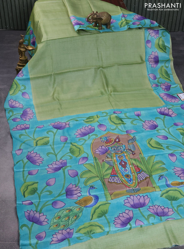 Pure tussar silk saree pastel green and teal blue with plain body and pichwai hand painted pallu & border