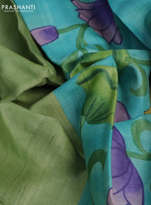 Pure tussar silk saree pastel green and teal blue with plain body and pichwai hand painted pallu & border