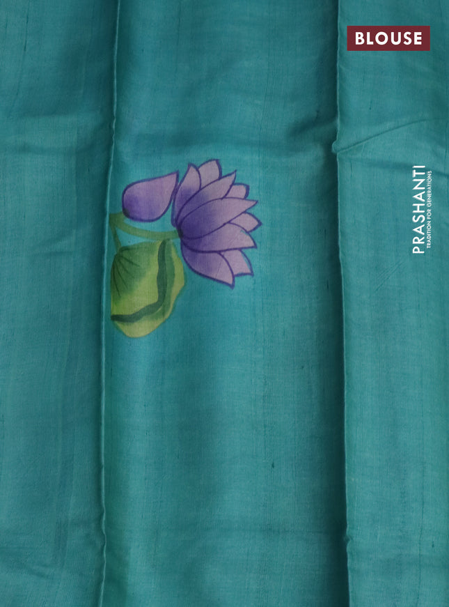 Pure tussar silk saree pastel green and teal blue with plain body and pichwai hand painted pallu & border