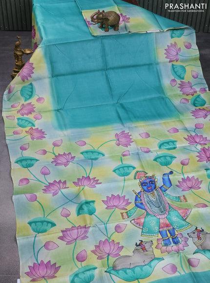 Pure tussar silk saree teal green shade and green with plain body and pichwai hand painted pallu & border