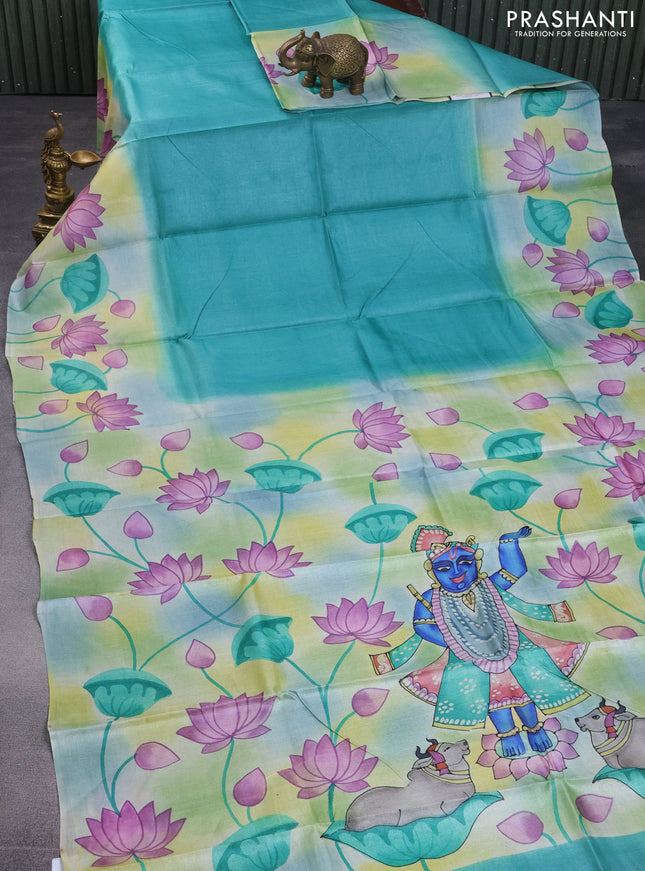 Pure tussar silk saree teal green shade and green with plain body and pichwai hand painted pallu & border