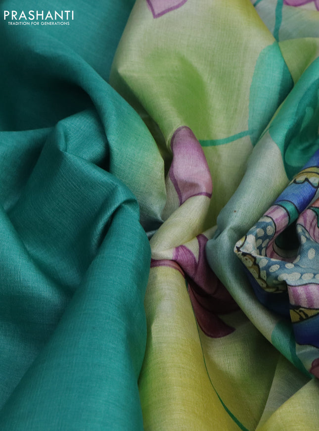 Pure tussar silk saree teal green shade and green with plain body and pichwai hand painted pallu & border