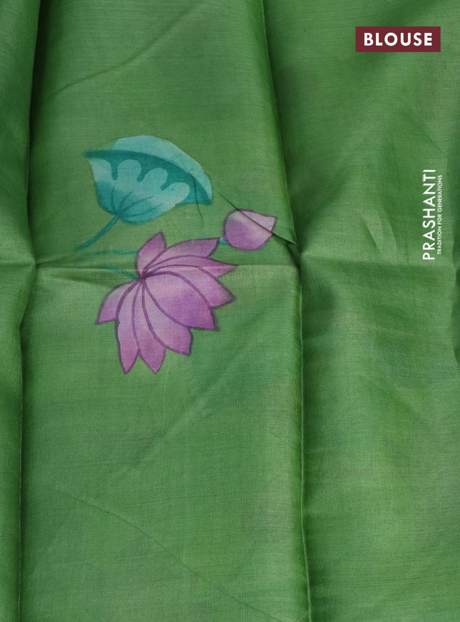 Pure tussar silk saree teal green shade and green with plain body and pichwai hand painted pallu & border