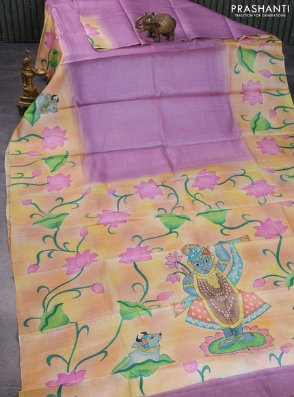 Pure tussar silk saree mauve pink and pale orange with plain body and pichwai hand painted pallu & border