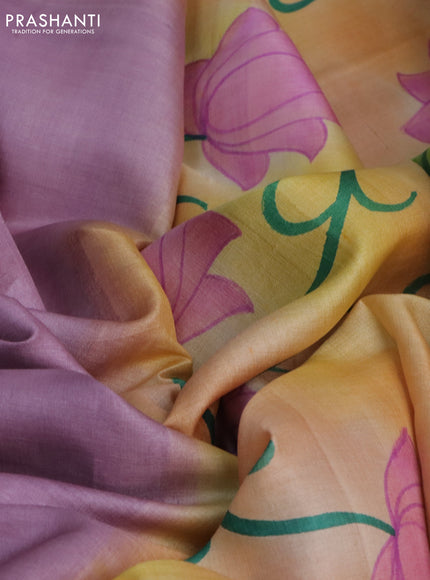 Pure tussar silk saree mauve pink and pale orange with plain body and pichwai hand painted pallu & border