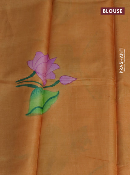 Pure tussar silk saree mauve pink and pale orange with plain body and pichwai hand painted pallu & border