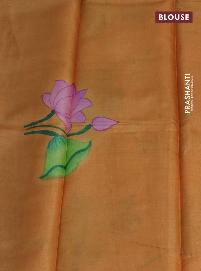 Pure tussar silk saree mauve pink and pale orange with plain body and pichwai hand painted pallu & border