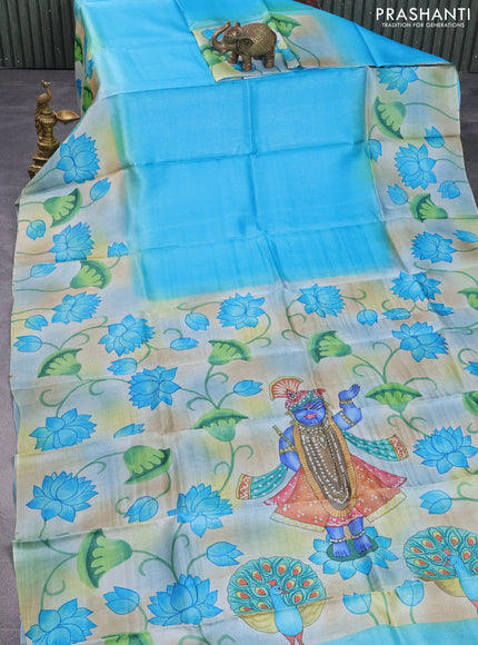 Pure tussar silk saree teal blue and bluish grey with plain body and pichwai hand painted pallu & border