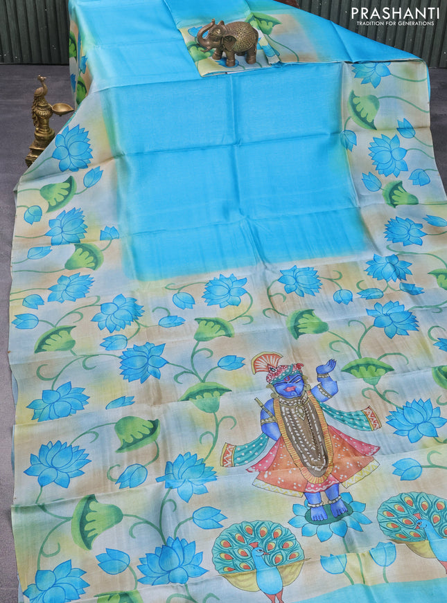 Pure tussar silk saree teal blue and bluish grey with plain body and pichwai hand painted pallu & border