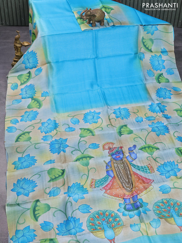Pure tussar silk saree teal blue and bluish grey with plain body and pichwai hand painted pallu & border