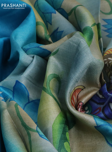 Pure tussar silk saree teal blue and bluish grey with plain body and pichwai hand painted pallu & border