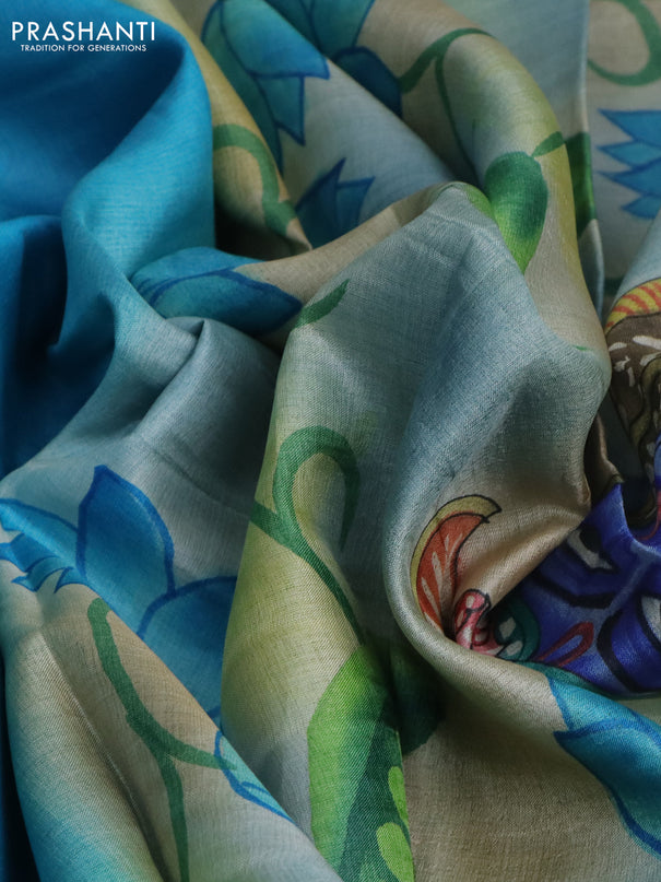 Pure tussar silk saree teal blue and bluish grey with plain body and pichwai hand painted pallu & border