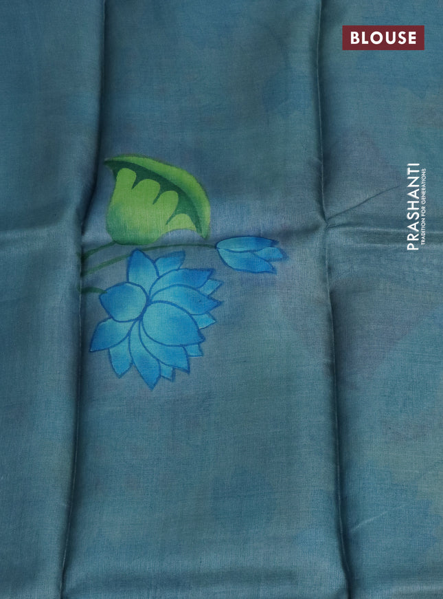 Pure tussar silk saree teal blue and bluish grey with plain body and pichwai hand painted pallu & border