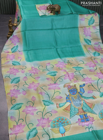 Pure tussar silk saree teal green shade and green with plain body and pichwai hand painted pallu & border