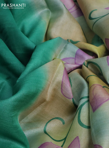 Pure tussar silk saree teal green shade and green with plain body and pichwai hand painted pallu & border