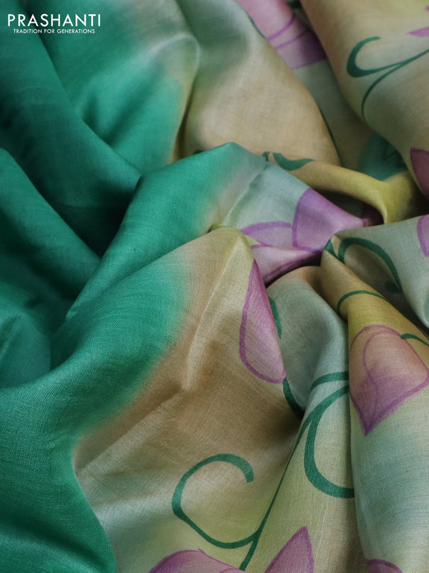 Pure tussar silk saree teal green shade and green with plain body and pichwai hand painted pallu & border