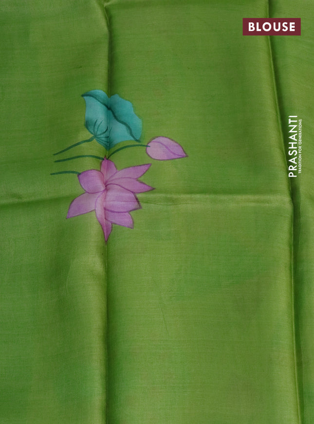 Pure tussar silk saree teal green shade and green with plain body and pichwai hand painted pallu & border