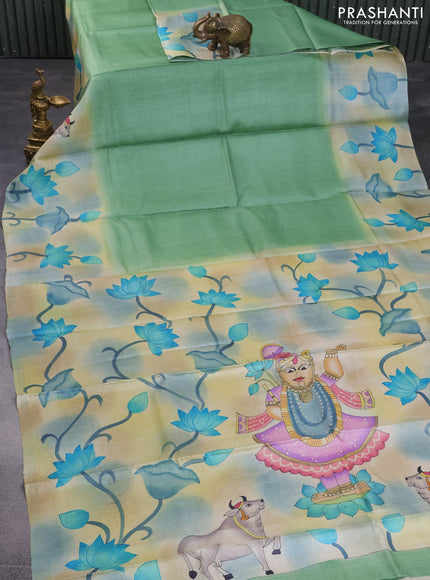 Pure tussar silk saree pastel green and mustard yellow with plain body and pichwai hand painted pallu & border