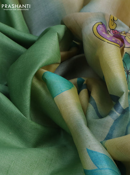 Pure tussar silk saree pastel green and mustard yellow with plain body and pichwai hand painted pallu & border
