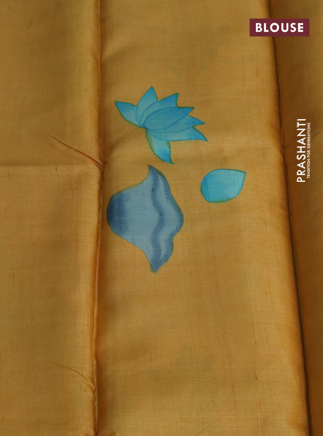 Pure tussar silk saree pastel green and mustard yellow with plain body and pichwai hand painted pallu & border
