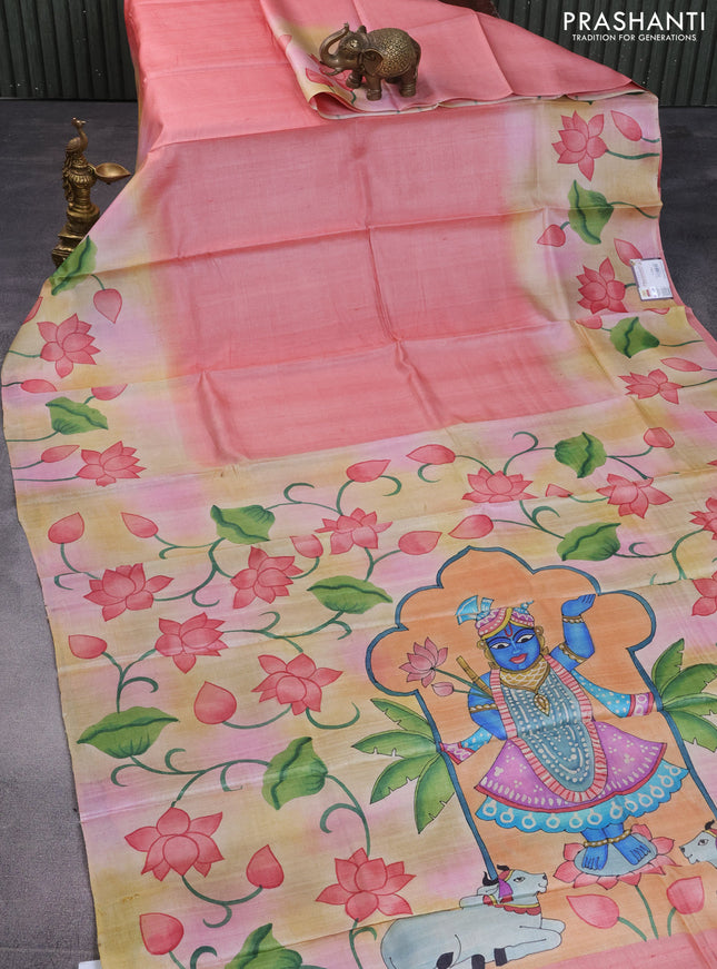 Pure tussar silk saree peach pink shade and sandal with plain body and pichwai hand painted pallu & border