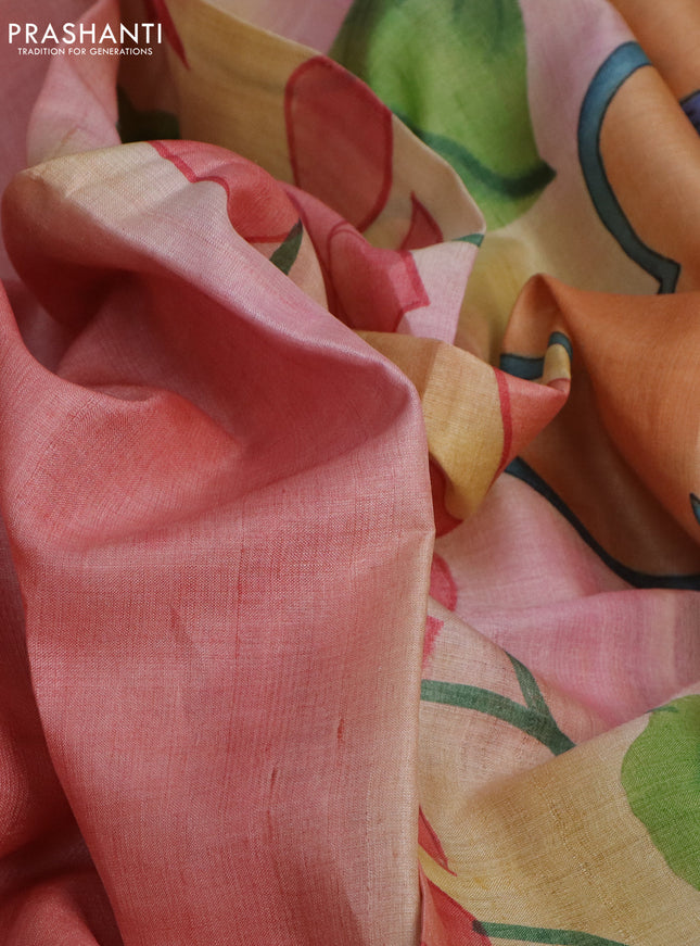 Pure tussar silk saree peach pink shade and sandal with plain body and pichwai hand painted pallu & border