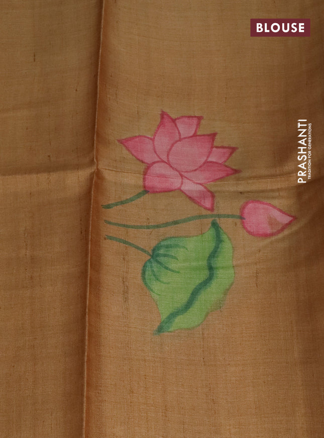 Pure tussar silk saree peach pink shade and sandal with plain body and pichwai hand painted pallu & border