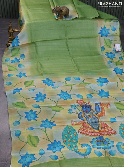 Pure tussar silk saree green and sandal with plain body and pichwai hand painted pallu & border