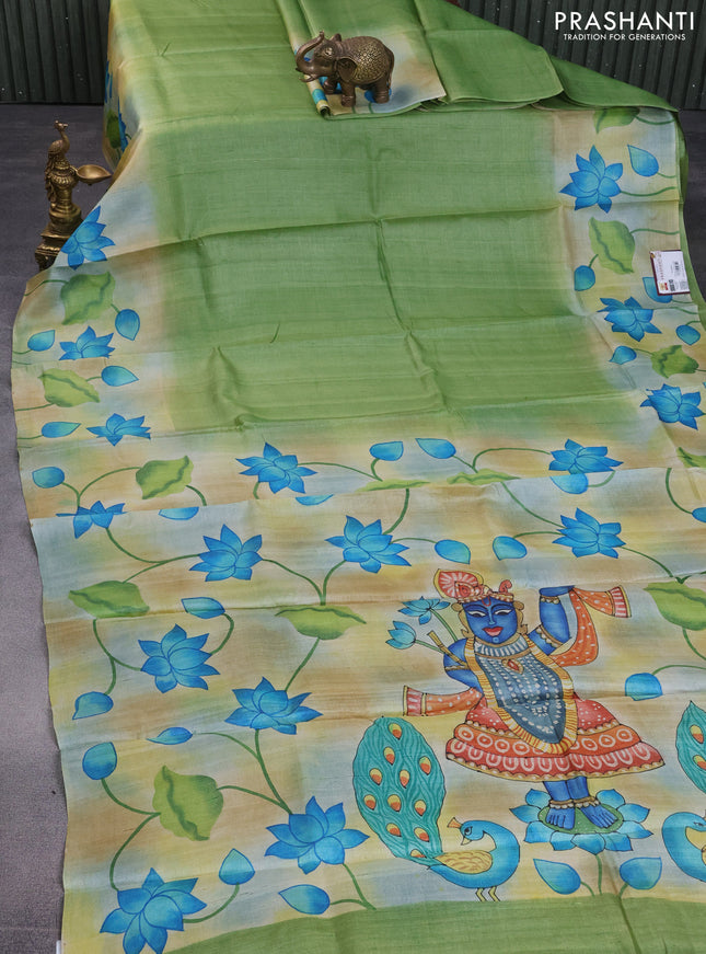 Pure tussar silk saree green and sandal with plain body and pichwai hand painted pallu & border