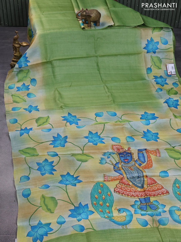 Pure tussar silk saree green and sandal with plain body and pichwai hand painted pallu & border