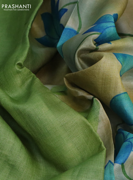 Pure tussar silk saree green and sandal with plain body and pichwai hand painted pallu & border