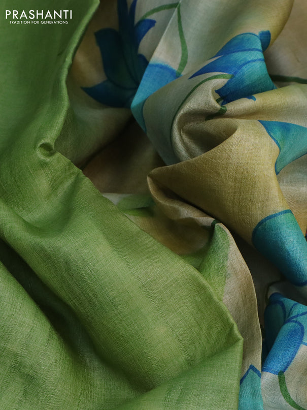 Pure tussar silk saree green and sandal with plain body and pichwai hand painted pallu & border