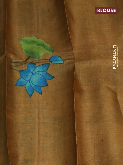 Pure tussar silk saree green and sandal with plain body and pichwai hand painted pallu & border