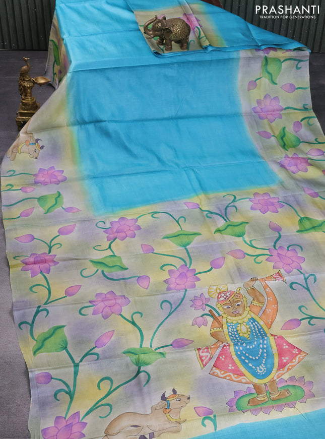 Pure tussar silk saree light blue and sandal with plain body and pichwai hand painted pallu & border