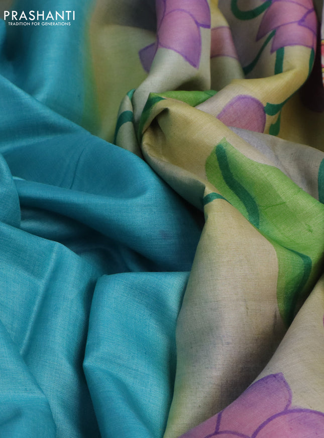 Pure tussar silk saree light blue and sandal with plain body and pichwai hand painted pallu & border