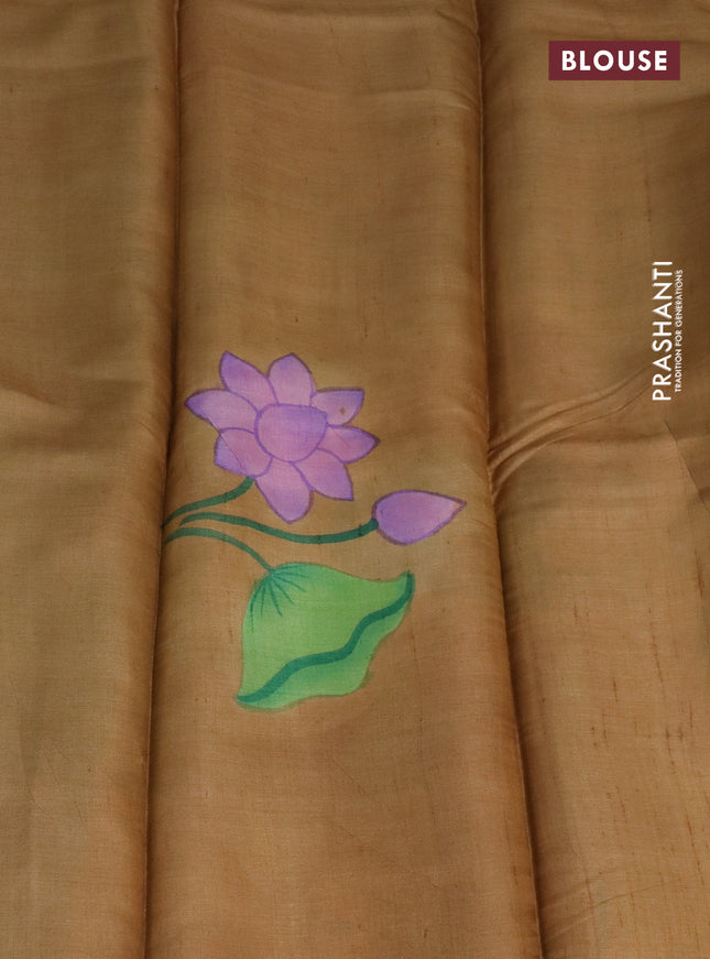Pure tussar silk saree light blue and sandal with plain body and pichwai hand painted pallu & border