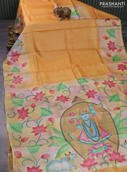 Pure tussar silk saree pale orange and sandal with plain body and pichwai hand painted pallu & border