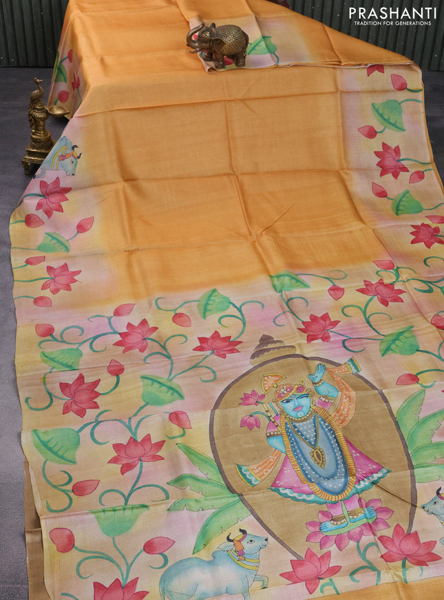 Pure tussar silk saree pale orange and sandal with plain body and pichwai hand painted pallu & border