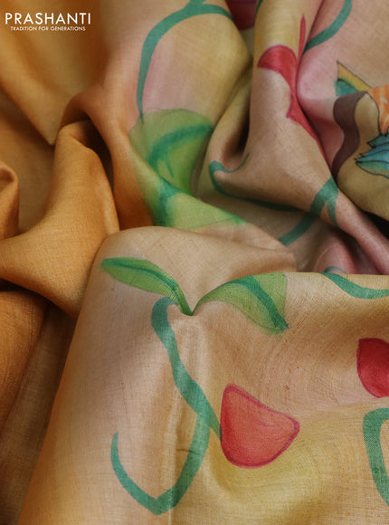 Pure tussar silk saree pale orange and sandal with plain body and pichwai hand painted pallu & border