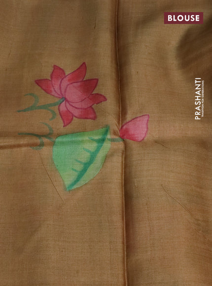 Pure tussar silk saree pale orange and sandal with plain body and pichwai hand painted pallu & border