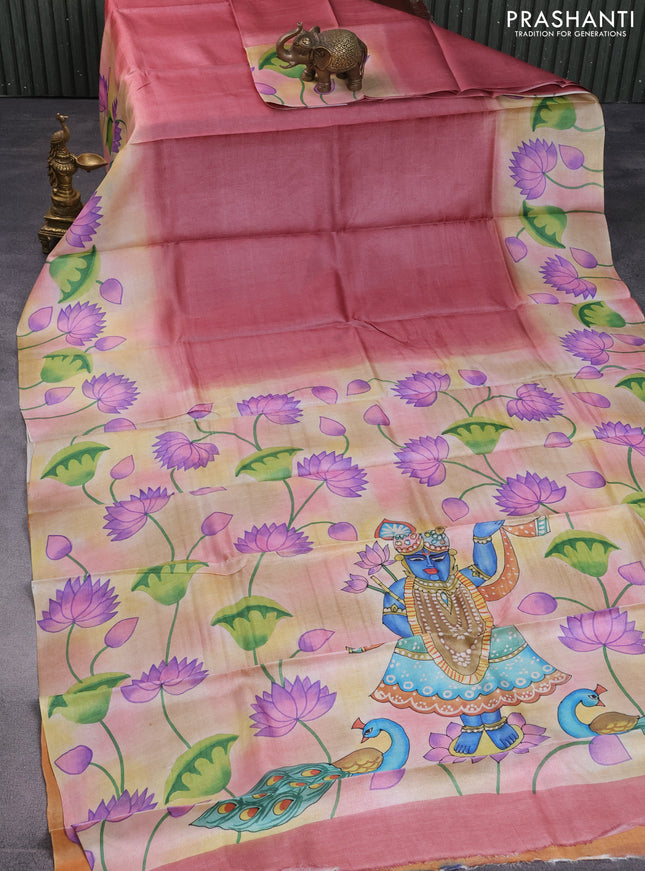 Pure tussar silk saree dark peach pink and peach orange with plain body and pichwai hand painted pallu & border