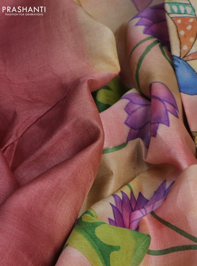 Pure tussar silk saree dark peach pink and peach orange with plain body and pichwai hand painted pallu & border