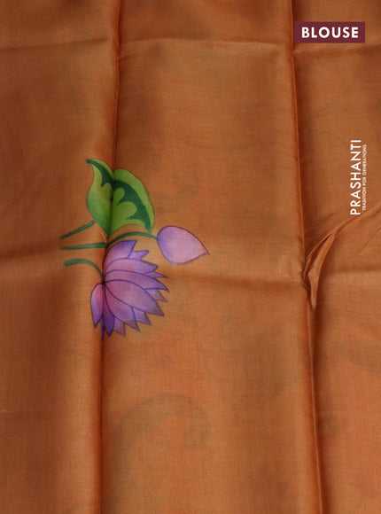 Pure tussar silk saree dark peach pink and peach orange with plain body and pichwai hand painted pallu & border